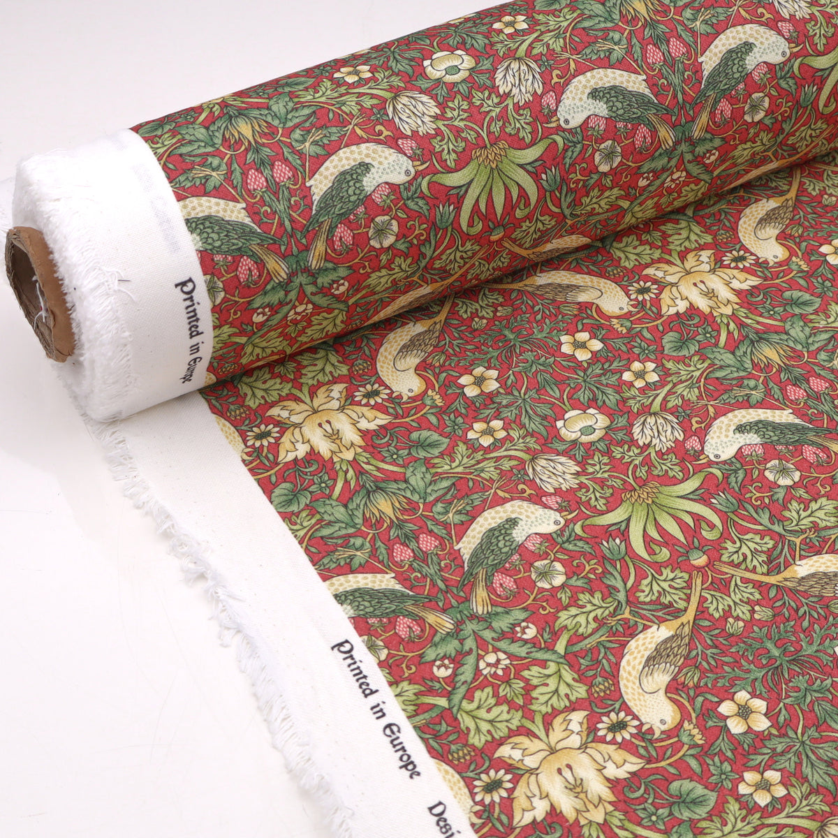 William Morris Cotton Panama Fabric | Upholstery, Curtains  - Strawberry Thief Crimson