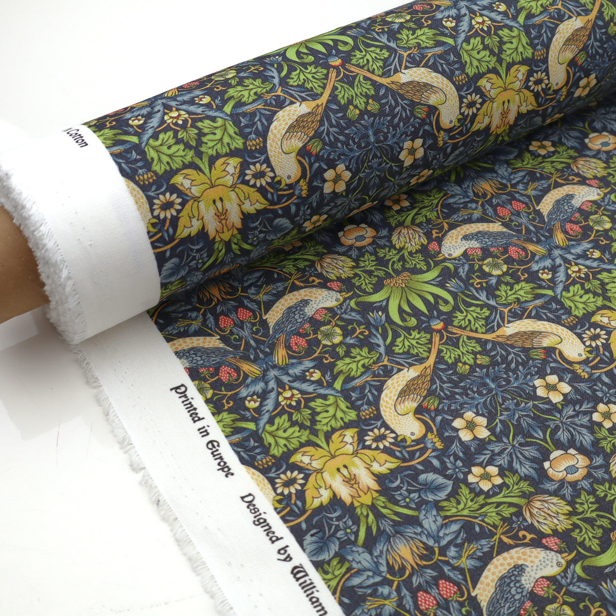 William Morris Cotton Panama Fabric | Upholstery, Curtains - Strawberry Thief Navy