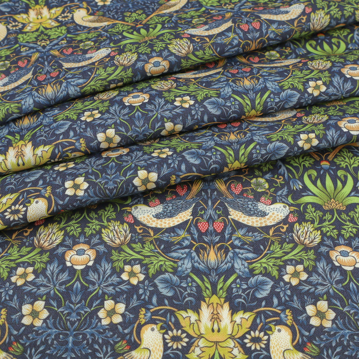 William Morris Cotton Panama Fabric | Upholstery, Curtains - Strawberry Thief Navy