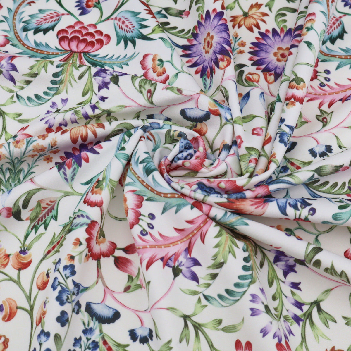 Marlowe Ivory Italian Style Printed Velvet Fabric | Heavy-Duty Soft Plush Upholstery & Curtain Material - Ivory Botanical