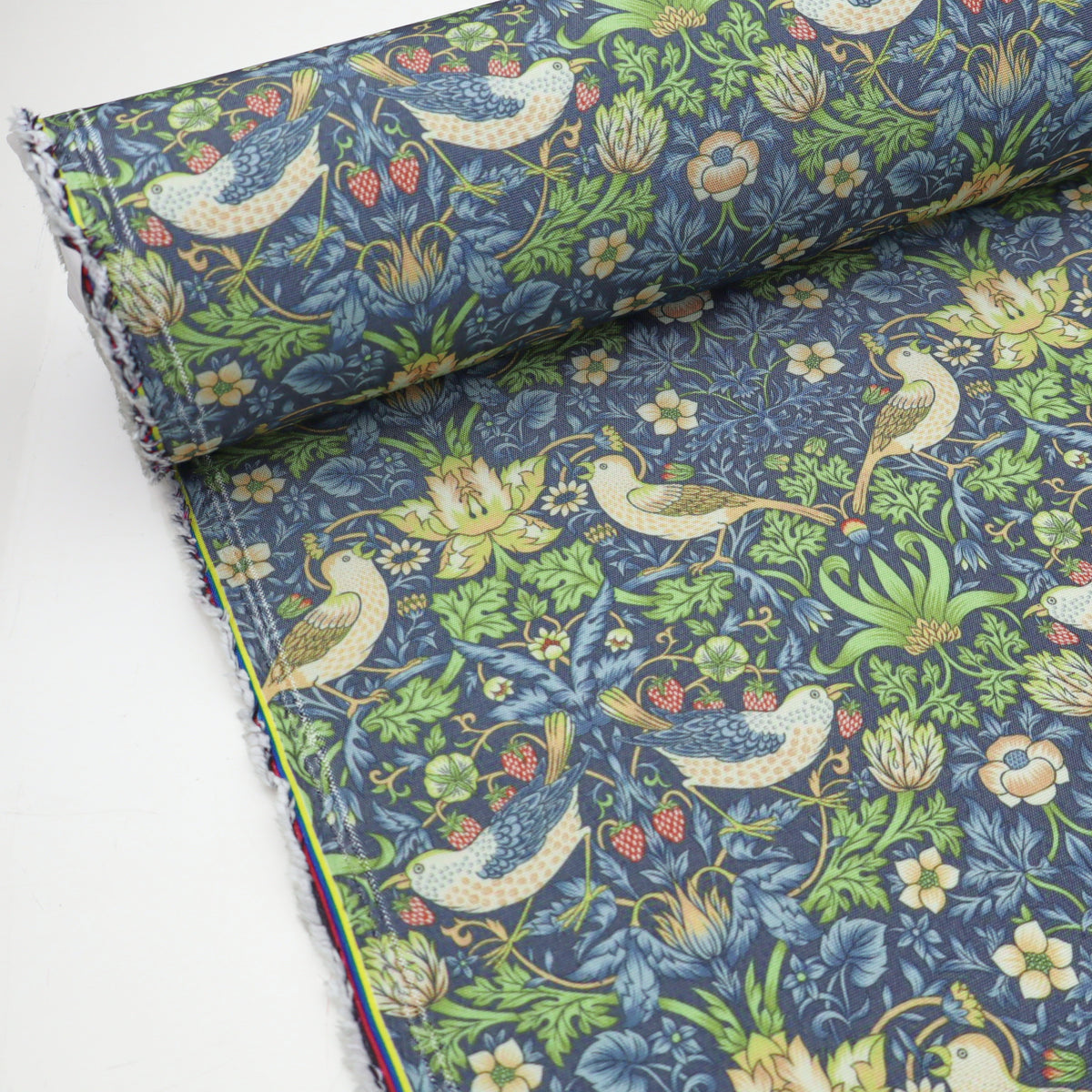 William Morris Linen-Blend Fabric | Upholstery & Curtain - Strawberry Thief Blue