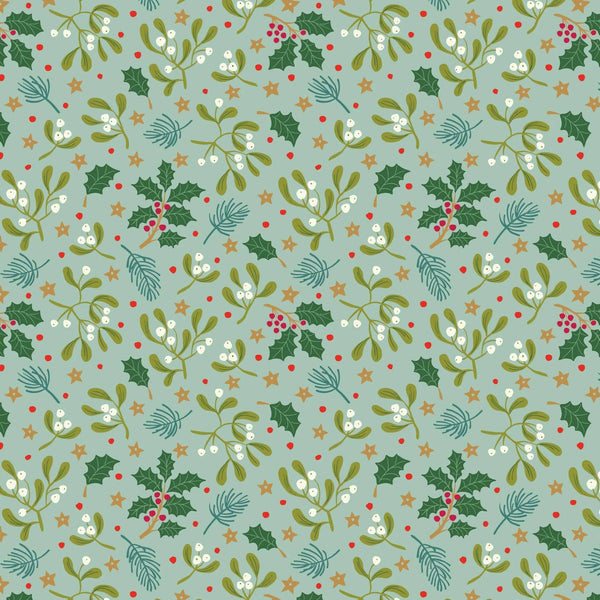 Lewis and Irene Christmas All is Bright by Stuart Hillard Cotton Quilting Patchwork Craft Pre Shrunk Fabric - Mistletoe on Duck Egg