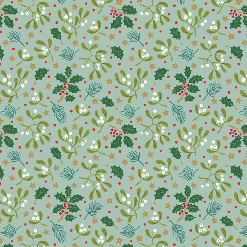 Lewis and Irene Christmas All is Bright by Stuart Hillard Cotton Quilting Patchwork Craft Pre Shrunk Fabric - Mistletoe on Duck Egg