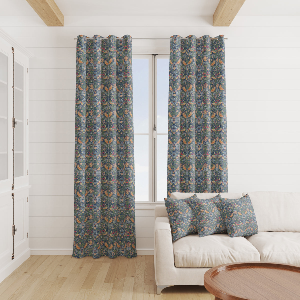 William Morris Linen-Blend Fabric | Upholstery & Curtain - Strawberry Thief Blue