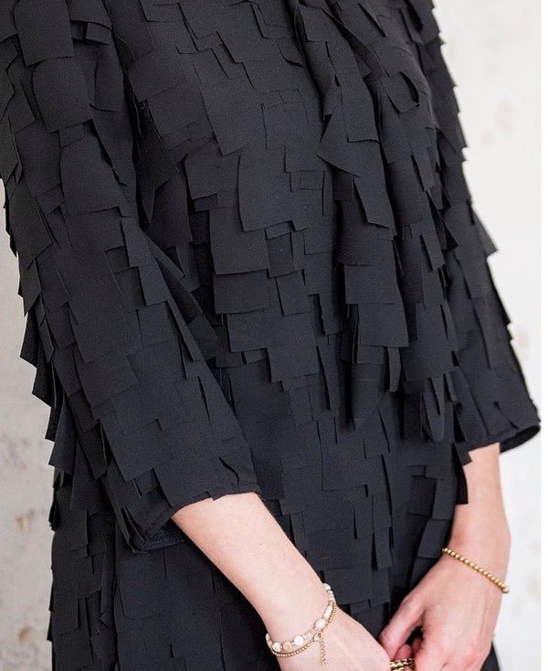 Chiffon Crepe Fringed Rectangles Designer Dressmaking Fabric - Black