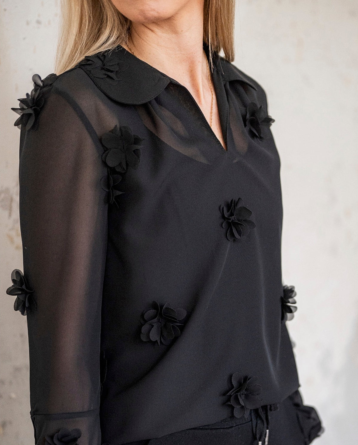 Chiffon Flower Applique Sheer Designer Dressmaking Fabric - Black