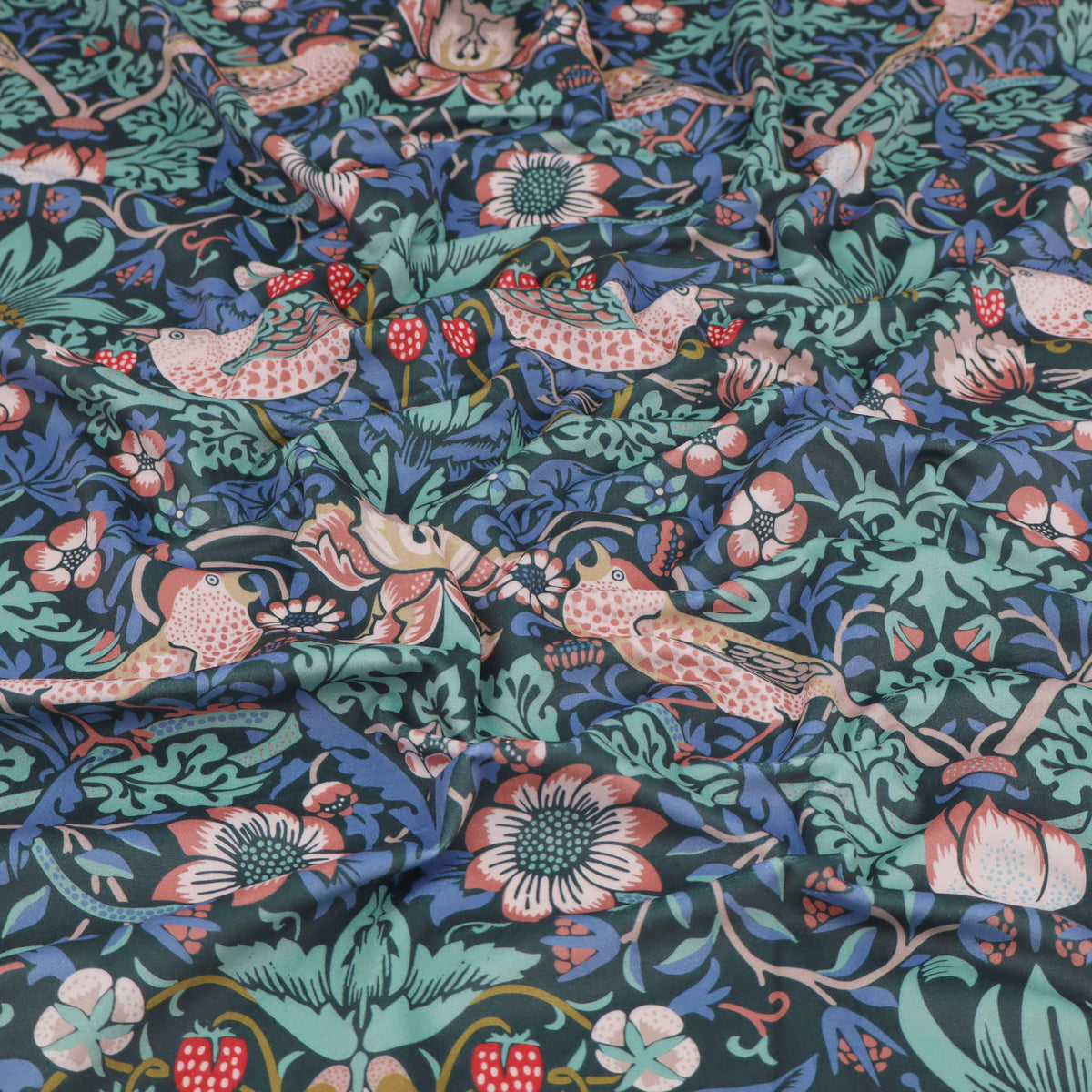 William Morris Plush Velvet Upholstery Curtain Fabric - Strawberry Thief Twilight