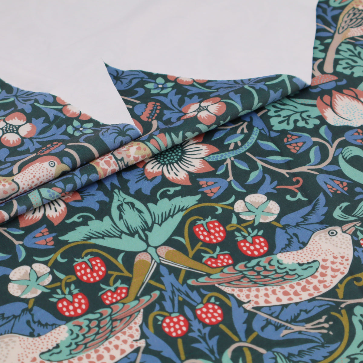 William Morris Plush Velvet Upholstery Curtain Fabric - Strawberry Thief Twilight
