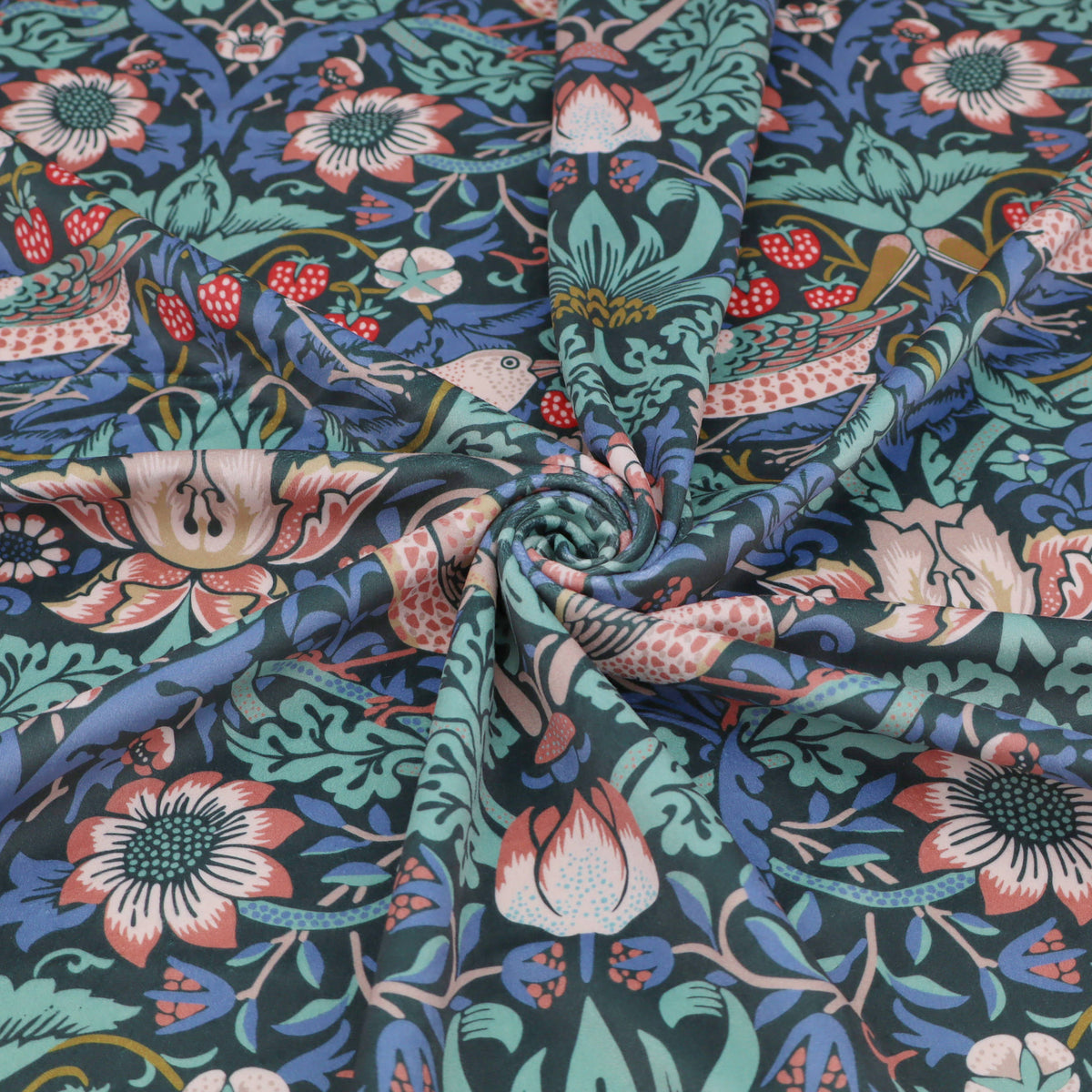 William Morris Plush Velvet Upholstery Curtain Fabric - Strawberry Thief Twilight