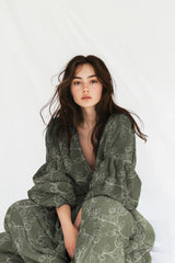 Floral Embroidery Cotton Double Gauze Dressmaking Fabric - Khaki