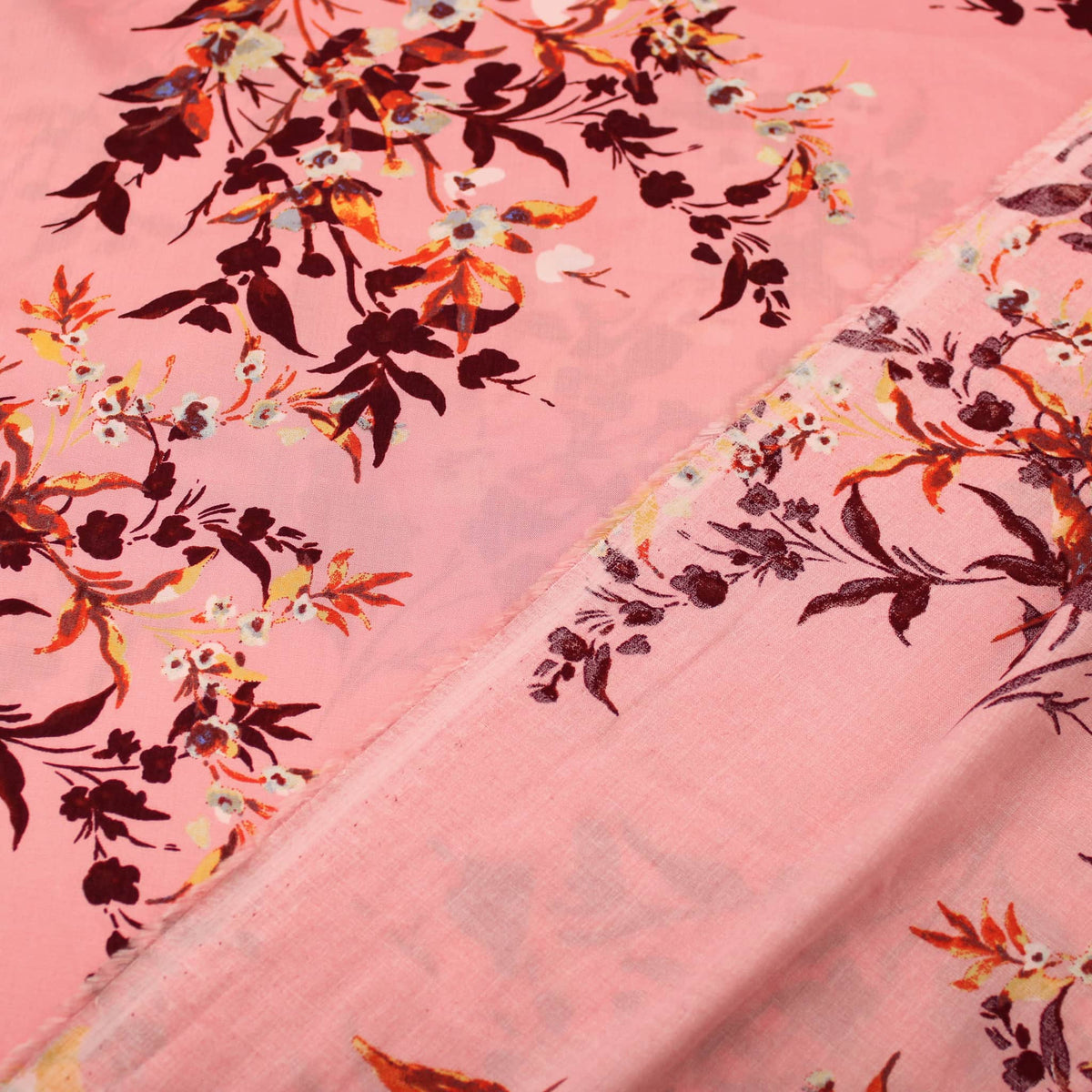Burgundy Florals on Pink Viscose Rayon Print Pattern Dressmaking Flowers Fabric Soft Material Pink