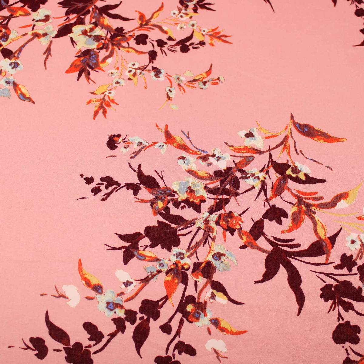 Burgundy Florals on Pink Viscose Rayon Print Pattern Dressmaking Flowers Fabric Soft Material Pink