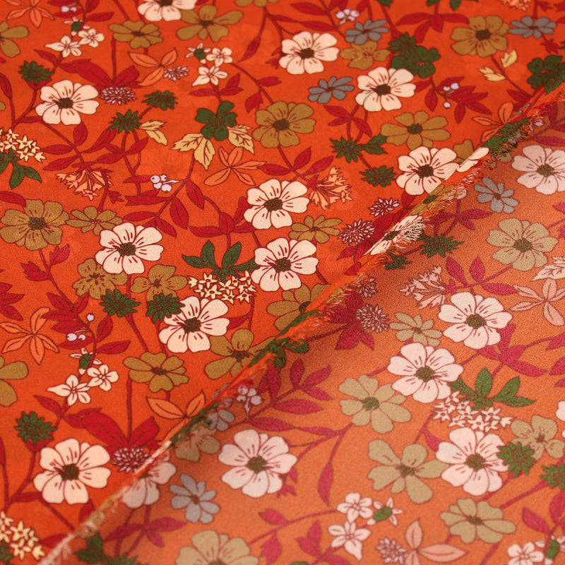 Burnt Orange Pretty Flowers Polyester woven summer spring floral women dressmaking fabric material lightweight Burnt Orange