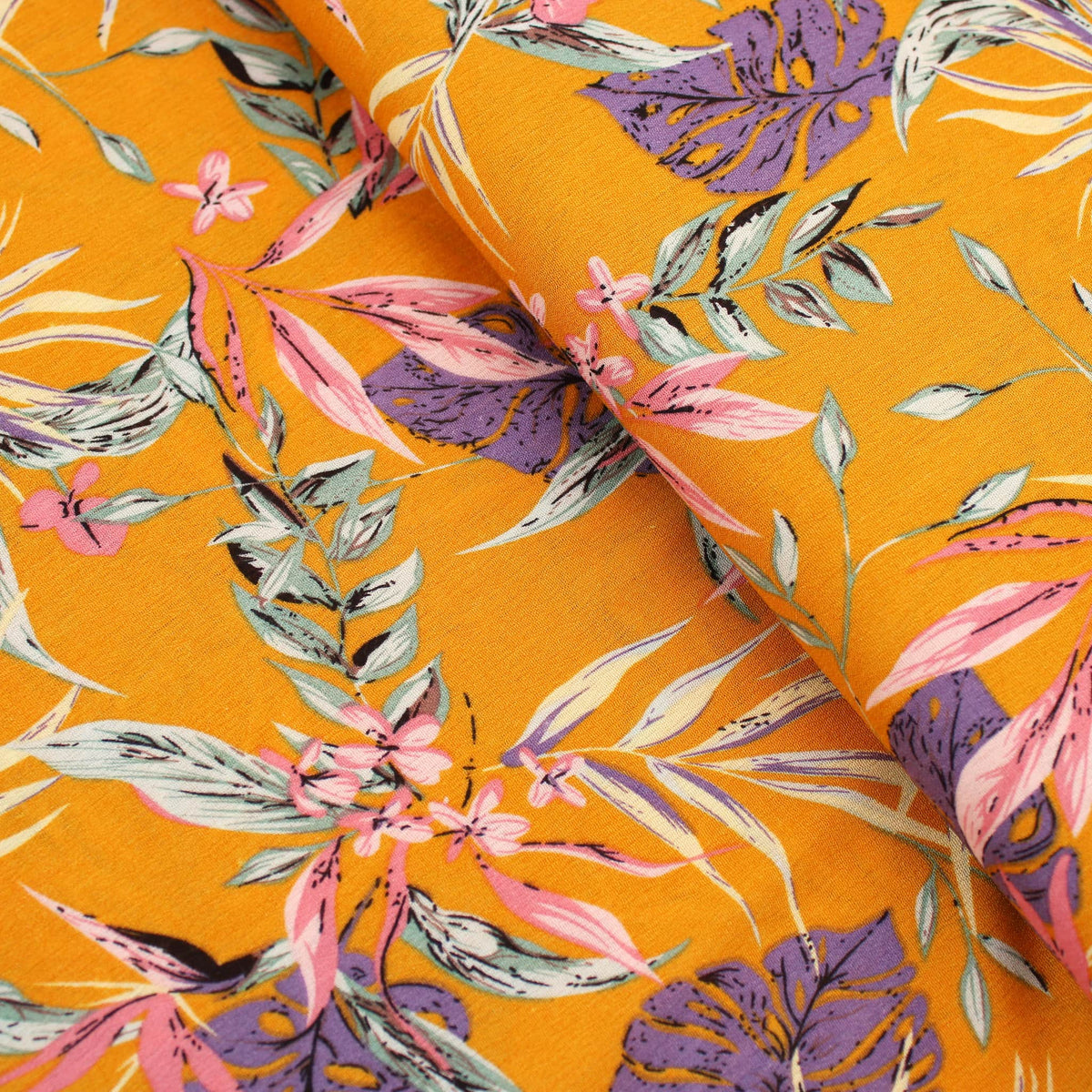 Celeste Florals on Viscose Crepe Pattern Dressmaking Fabric Rayon Soft Silky Material Lawn Women Ladies Flowers Pretty Textured Crinkle Mustard