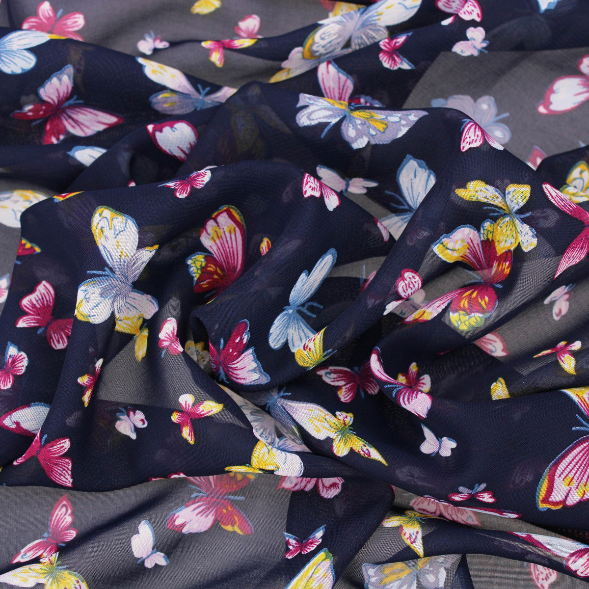 lightweight chiffon butterfles print dressmaking fabric Navy