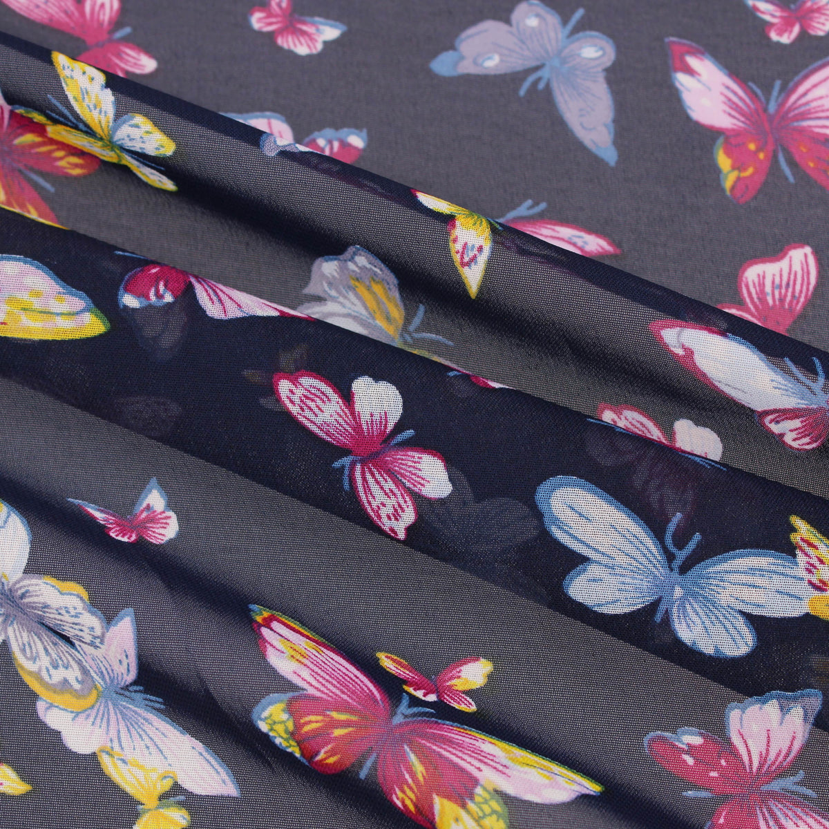 lightweight chiffon butterfles print dressmaking fabric Navy