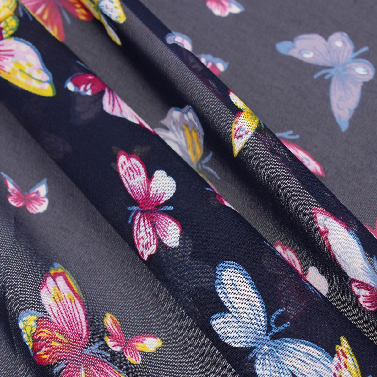 lightweight chiffon butterfles print dressmaking fabric Navy
