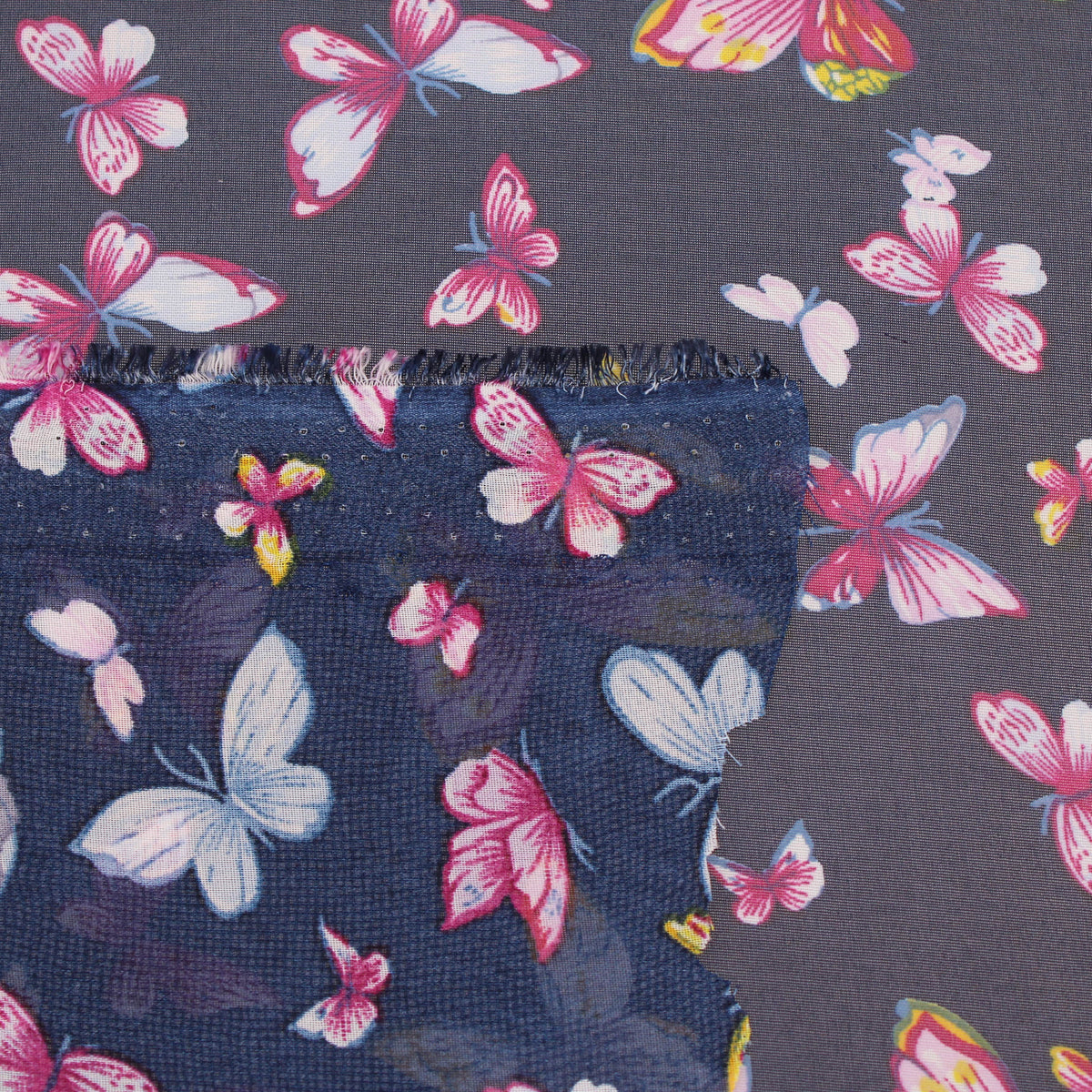 lightweight chiffon butterfles print dressmaking fabric Navy