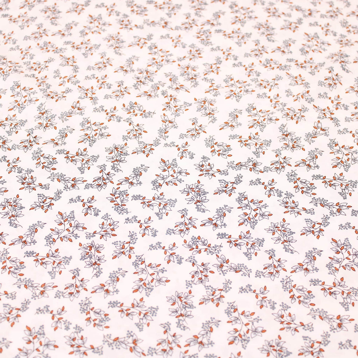 Cream and Orange Dainty Leaf Stems Viscose Rayon Print Pattern Dressmaking Flowers Fabric Soft Material Cream