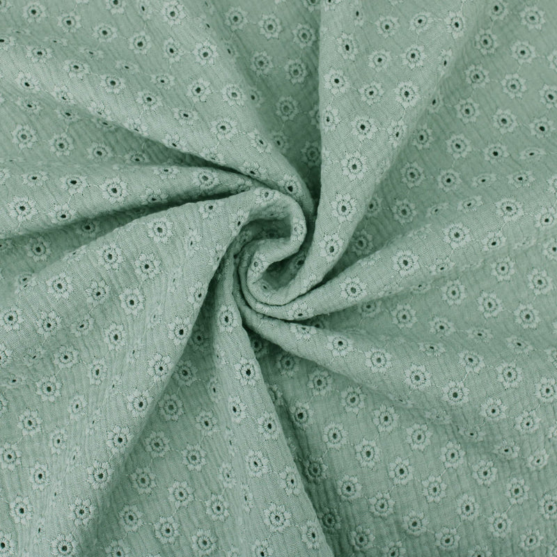 daisy emboidered organic cotton dressmaking fabric Large Sage