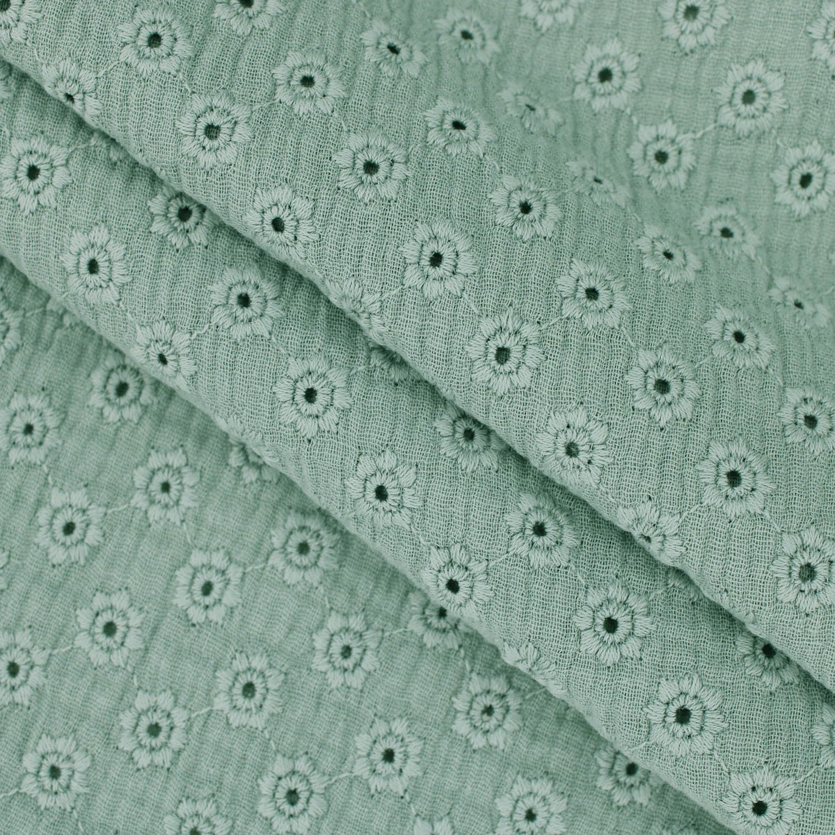 daisy emboidered organic cotton dressmaking fabric Large Sage