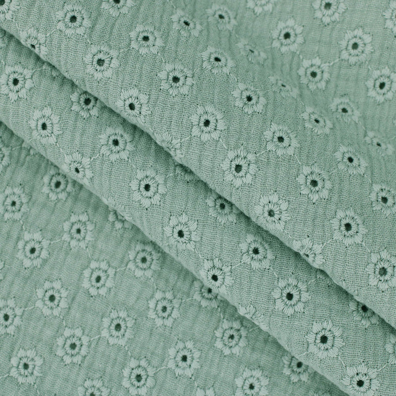 daisy emboidered organic cotton dressmaking fabric Large Sage