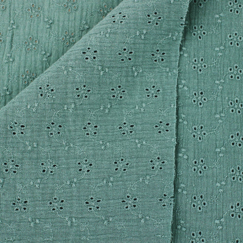 daisy emboidered organic cotton dressmaking fabric Small Mint