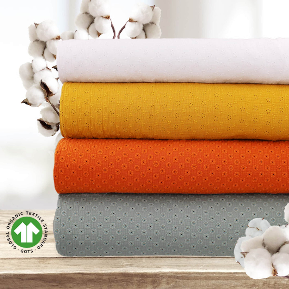 daisy emboidered organic cotton dressmaking fabric Small Stone