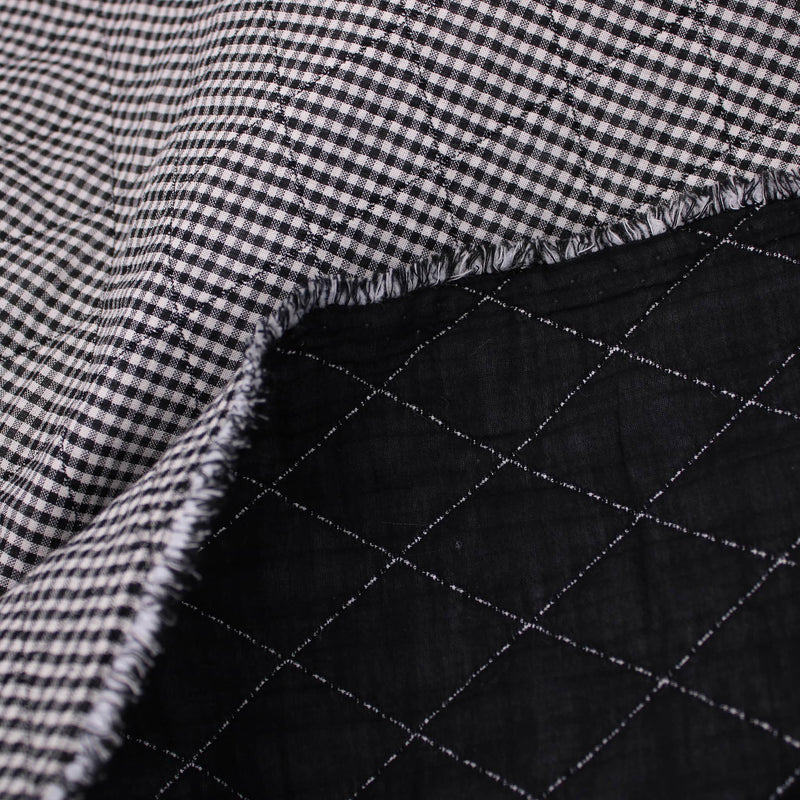 Diamond Quilted Mini Checked Cotton Gingham pattern dressmaking women soft woven drape lightweight quilting gilet jacket blanket fabric material wadding batting Black and White