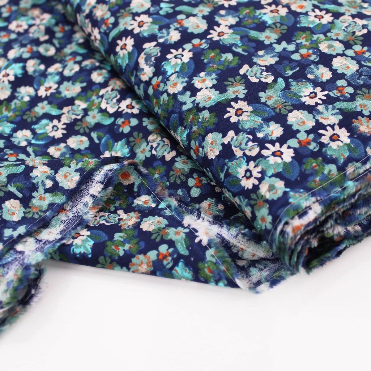 Floral Turquoise Ocean Viscose Challis Dressmaking Fabric material soft woven drape pattern flowers rayon women abstract Lagoon Blue