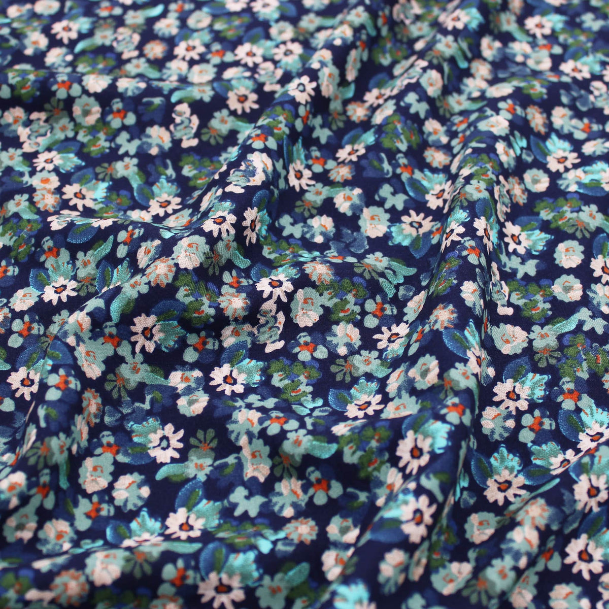 Floral Turquoise Ocean Viscose Challis Dressmaking Fabric material soft woven drape pattern flowers rayon women abstract Lagoon Blue