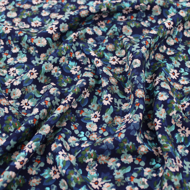Floral Turquoise Ocean Viscose Challis Dressmaking Fabric material soft woven drape pattern flowers rayon women abstract Lagoon Blue