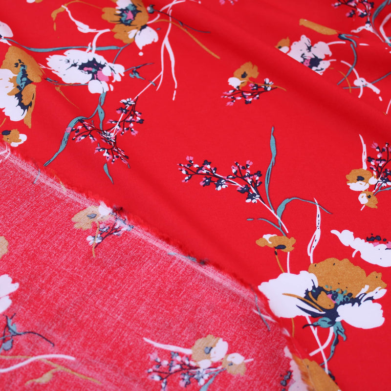 Grace Thin Stem Florals Viscose Rayon Print Pattern Dressmaking Flowers Fabric Soft Material Bright Red