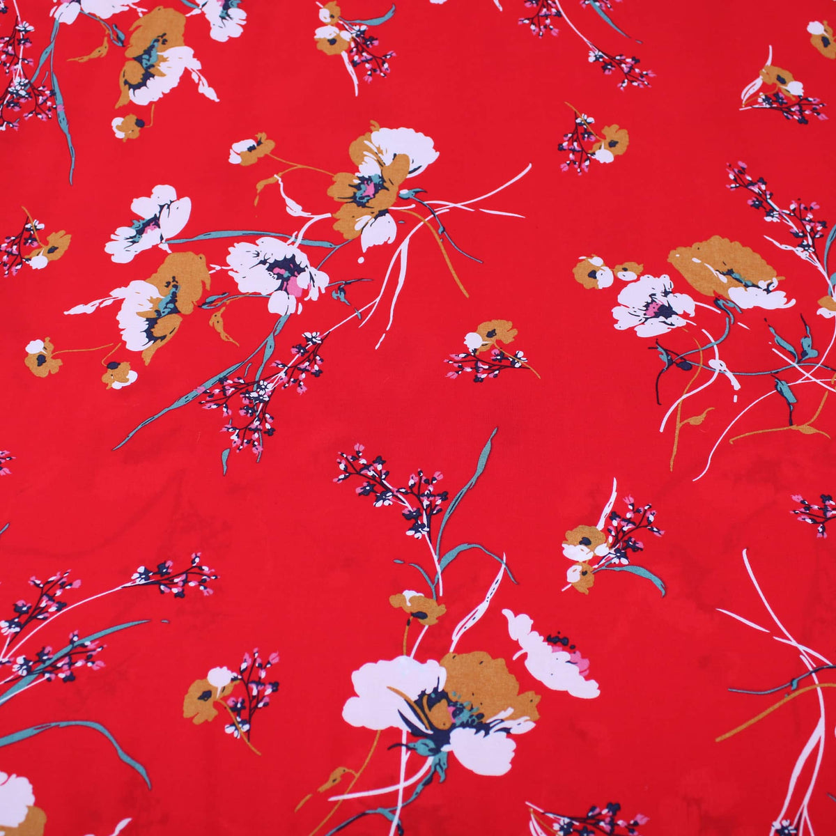 Grace Thin Stem Florals Viscose Rayon Print Pattern Dressmaking Flowers Fabric Soft Material Bright Red