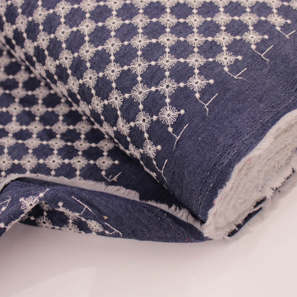 Jeans Cotton Denim Chambray Embroidery Dressmaking childrenswear Skirts Women Dressmaking Fabric Material Strong Indigo Colour Non stretch broderie anglaise  Indigo Emily
