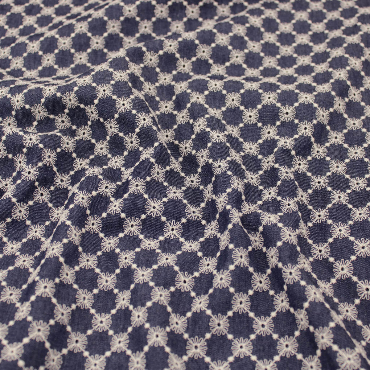 Jeans Cotton Denim Chambray Embroidery Dressmaking childrenswear Skirts Women Dressmaking Fabric Material Strong Indigo Colour Non stretch broderie anglaise  Indigo Emily