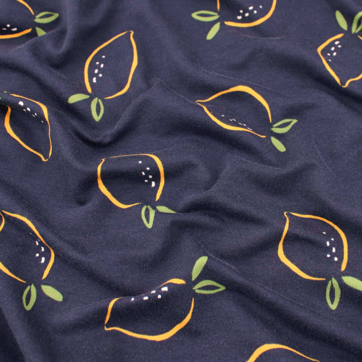 Lemons on Navy French Terry OEKO-TEX Fabric Jersey Kids Dressmaking Stretch Fruit Pattern Material Navy