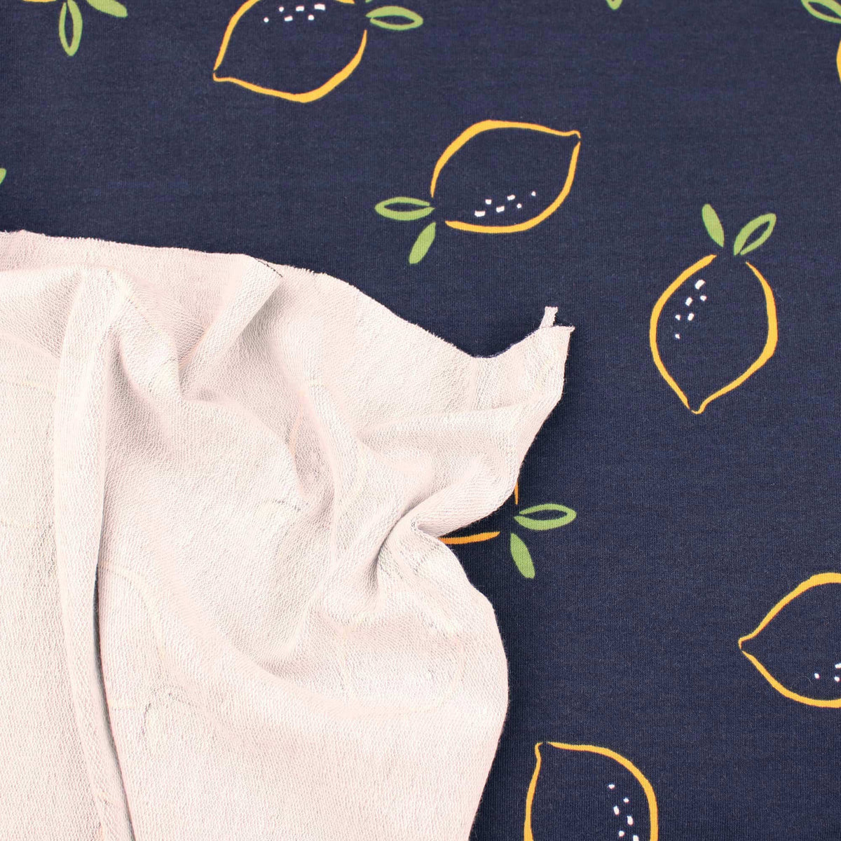 Lemons on Navy French Terry OEKO-TEX Fabric Jersey Kids Dressmaking Stretch Fruit Pattern Material Navy