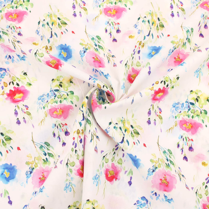 Meadow Watercolour Flowers Cotton Poplin Floral Pattern Dressmaking Fabric Quilting Material Woven Print Soft Summer Spring Watercolour