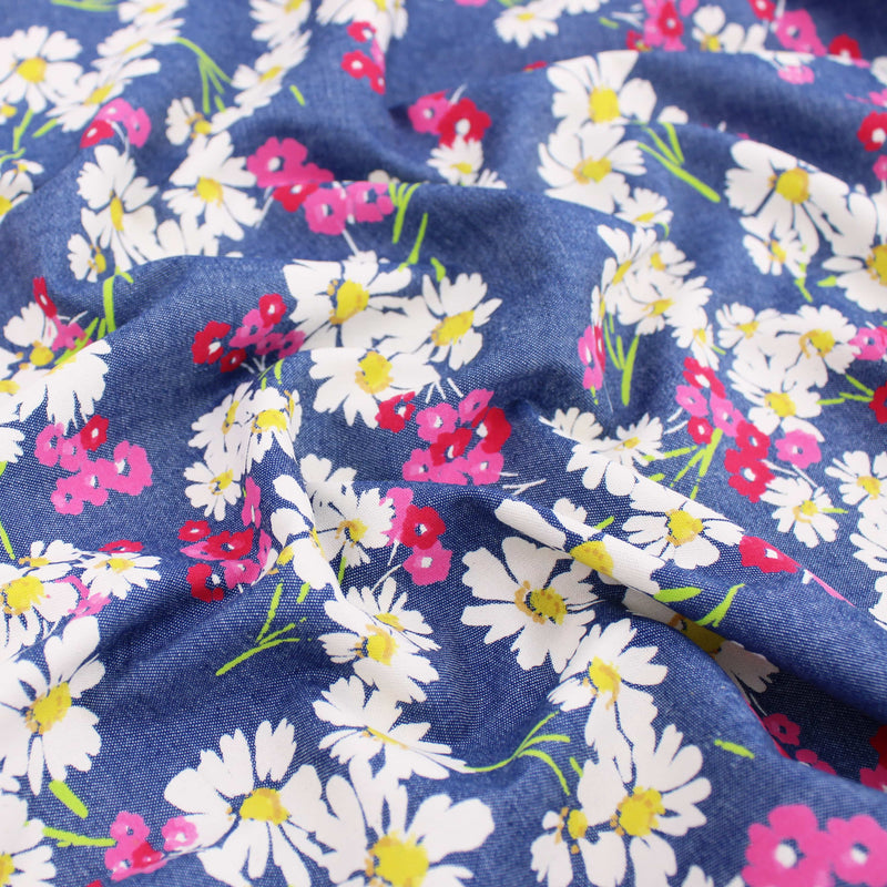 light printed floral denim chmbray dressmaking women kids fabric Pink