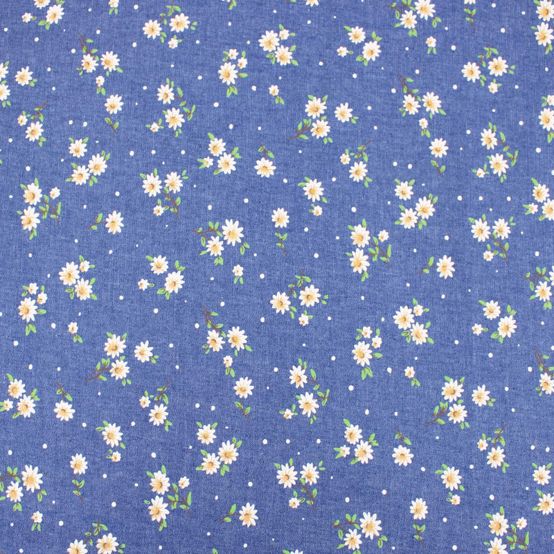 light printed floral denim chmbray dressmaking women kids fabric White