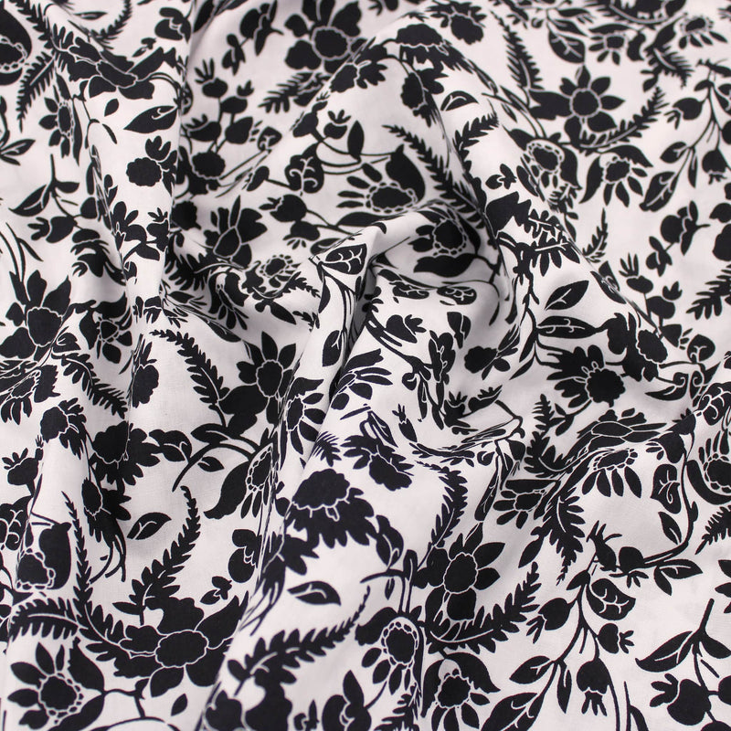 Monochrome Vintage Flowers on Cotton Poplin Print Dressmaking Fabric Material Kids OEKO TEX Women Woven Quilting Pure Print Soft Floral  White