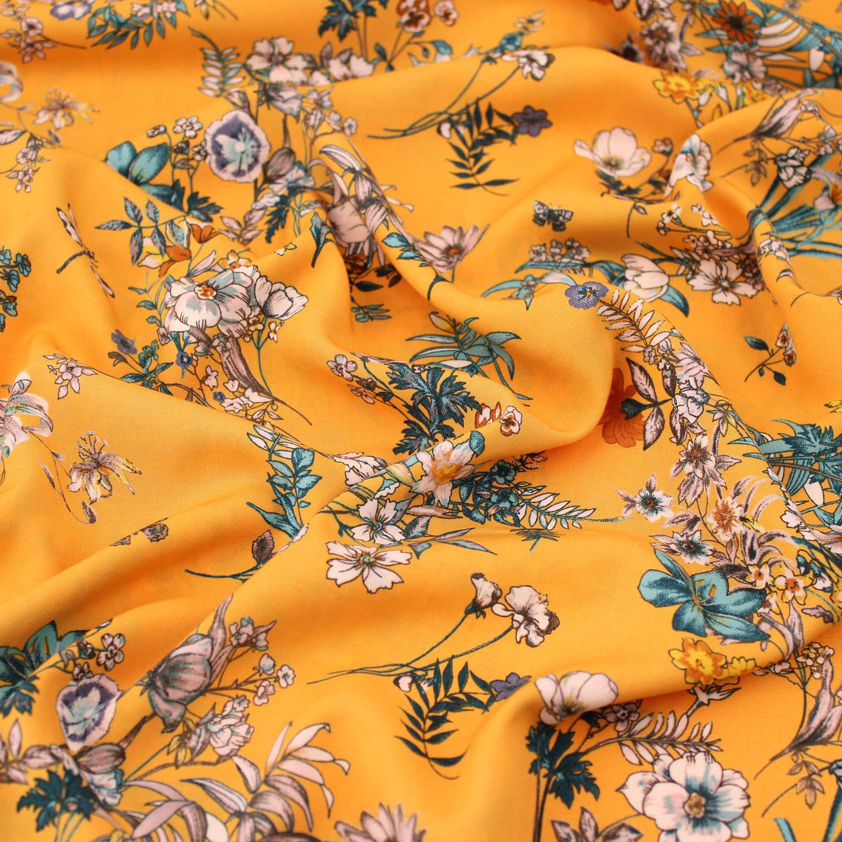 Mustard Teal Blooming Florals Viscose Rayon Print Pattern Dressmaking Flowers Fabric Soft Material Mustard