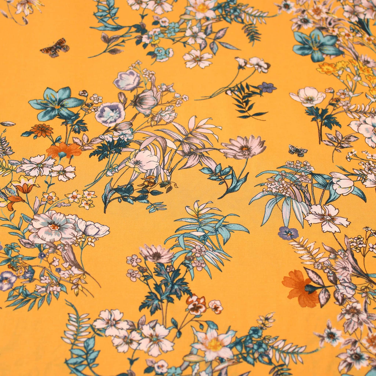 Mustard Teal Blooming Florals Viscose Rayon Print Pattern Dressmaking Flowers Fabric Soft Material Mustard