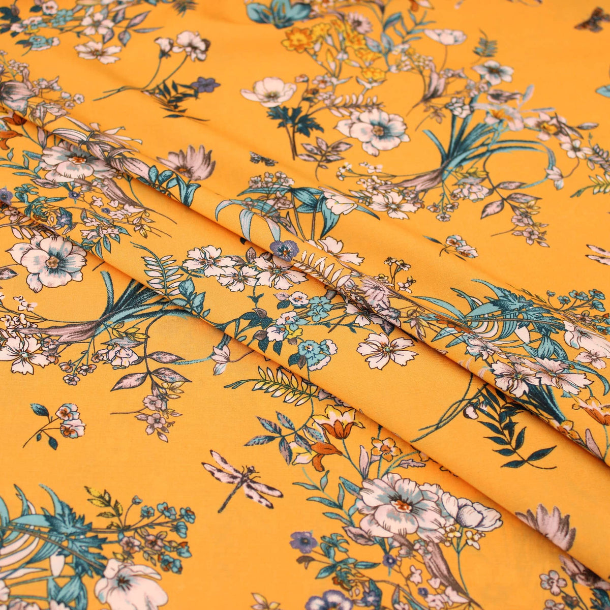Mustard Teal Blooming Florals Viscose Rayon Print Pattern Dressmaking Flowers Fabric Soft Material Mustard