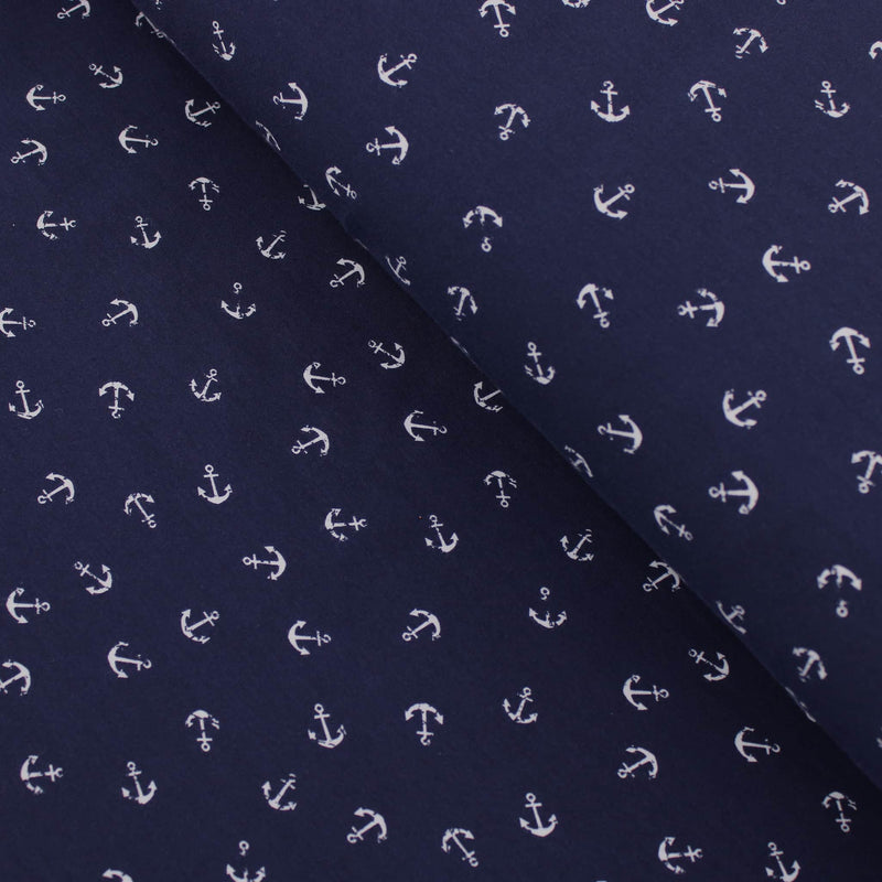 Nautical Small Anchor Cotton Jersey Print Dressmaking Fabric Material Kids OEKO TEX Jersey Stretch spandex Pyjamas women Knit soft kids childrenswear boys sea ocean boat  Navy