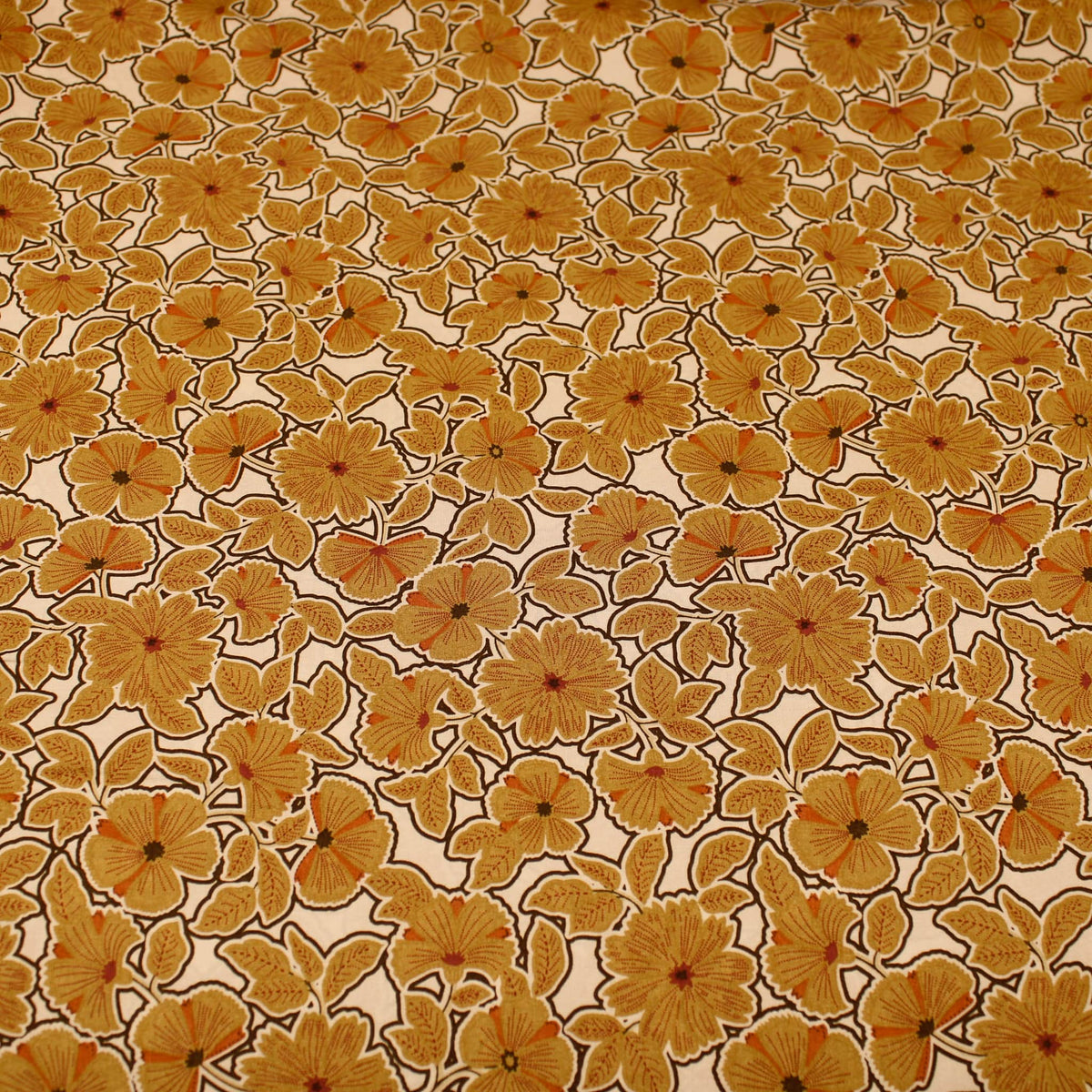 Outlined Ochre Flower Power Viscose Rayon Print Pattern Dressmaking Flowers Fabric Soft Material Ochre