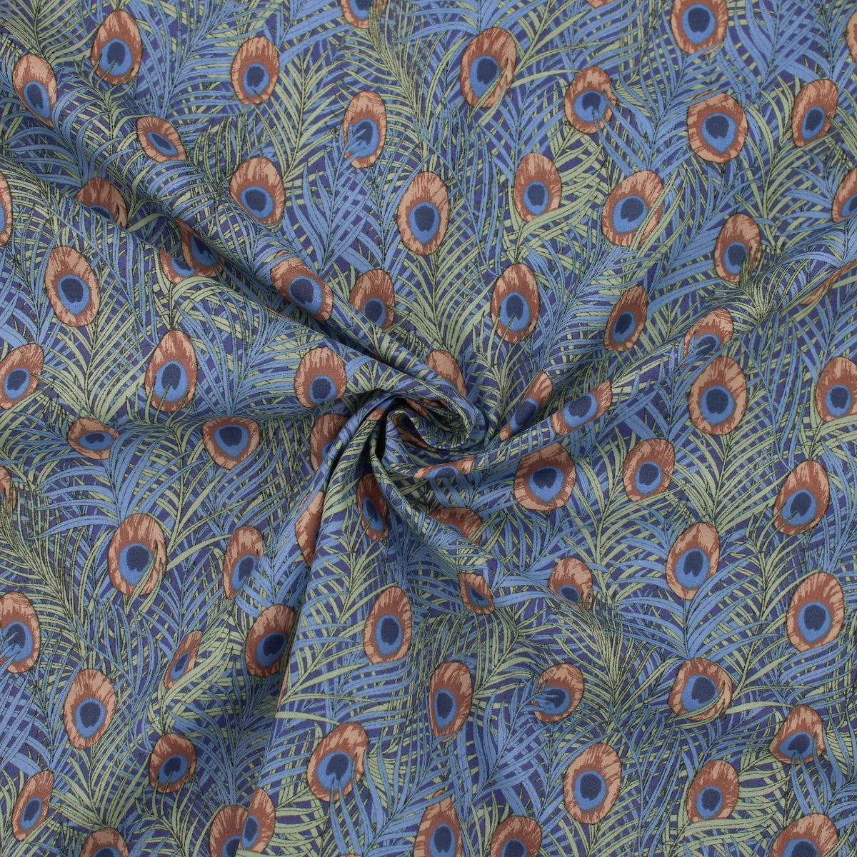 Peacock Feathers Pima Cotton Lawn pattern silky english quilting dressmaking soft woven drape lightweight silky fabric material woven pretty print Blue and Green