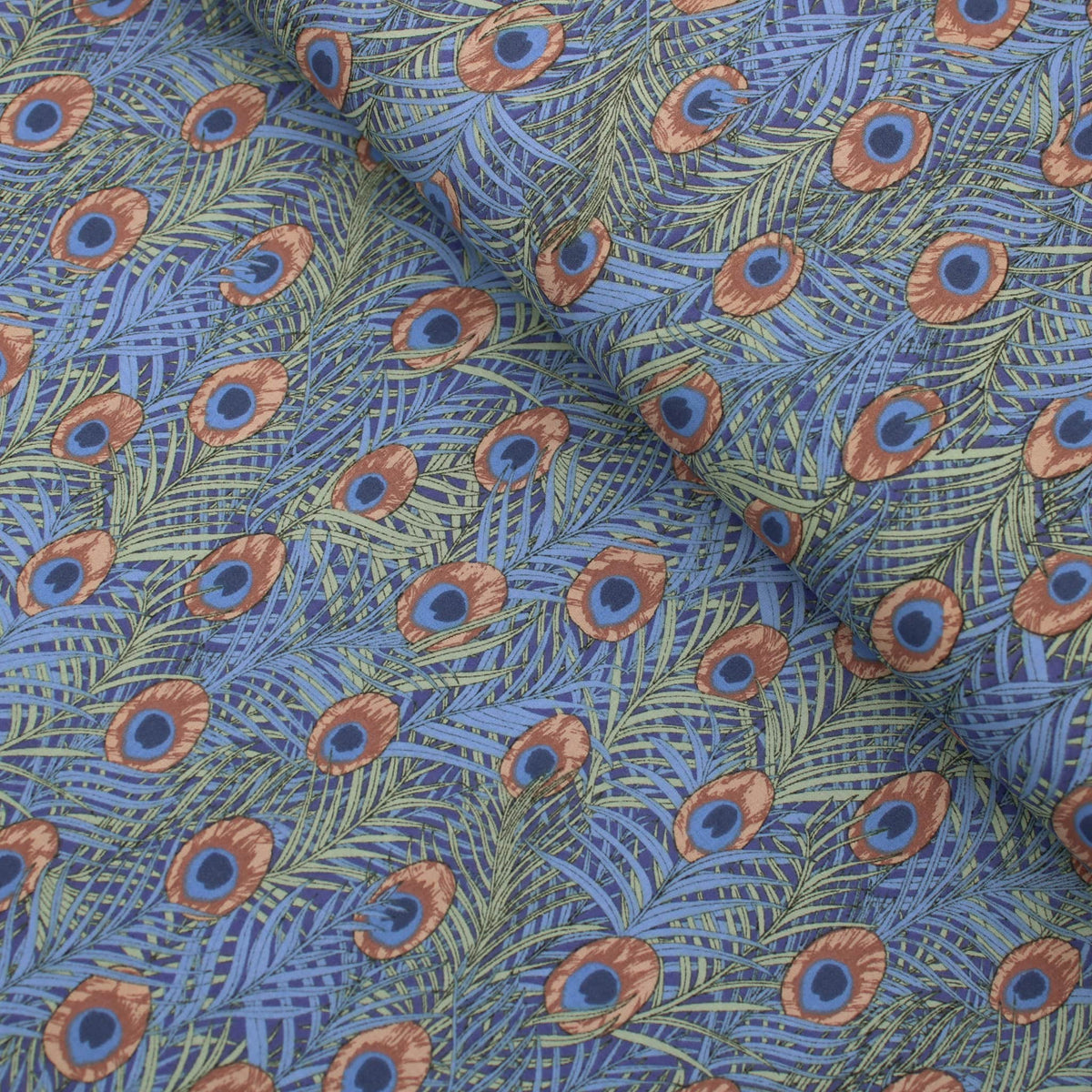 Peacock Feathers Pima Cotton Lawn pattern silky english quilting dressmaking soft woven drape lightweight silky fabric material woven pretty print Blue and Green
