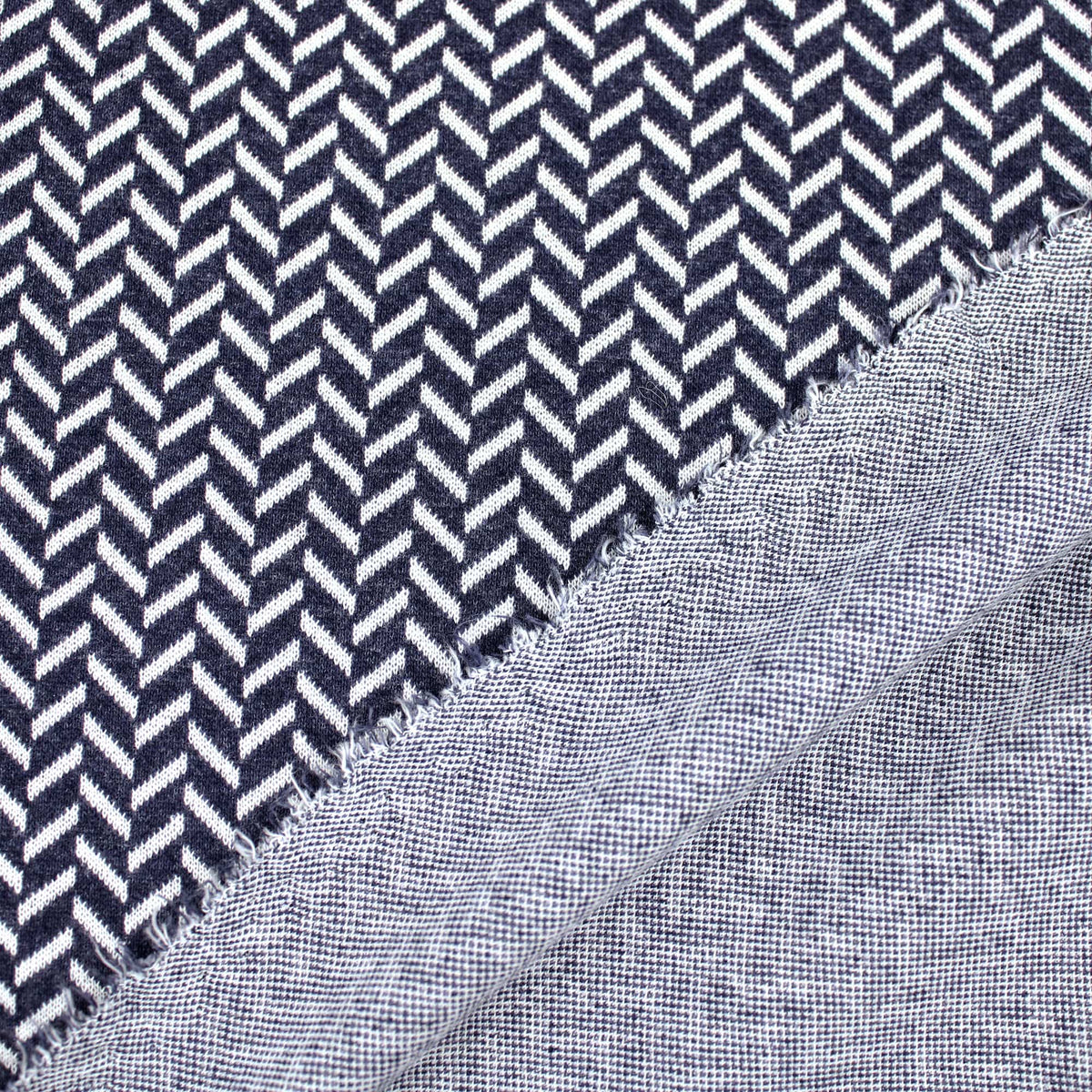 Recycled Cotton Melange Herringbone Knitted Jacquard Stretch Pattern Fabric Material  Dressmaking Cardigan Soft Warm Sweater Navy